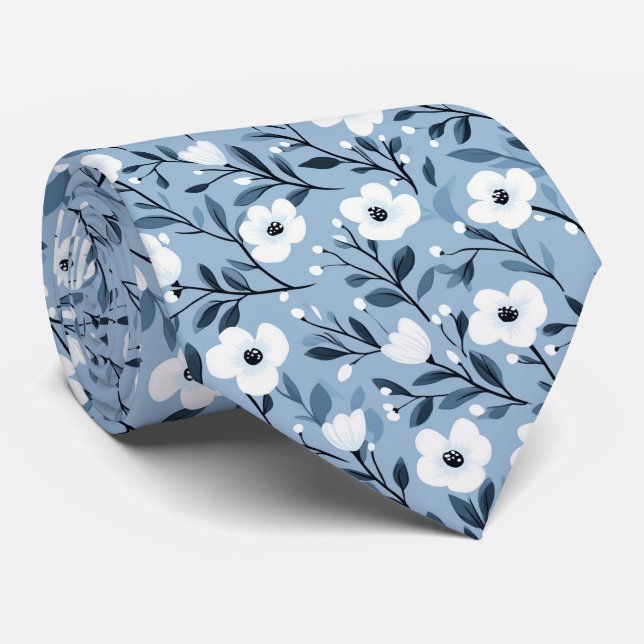 Personalize Blue White Bold Botanical Floral Neck Tie (Rolled)