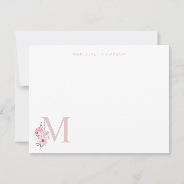 Personalize Blush Pink Floral Letter Name Monogram Note Card (Front)