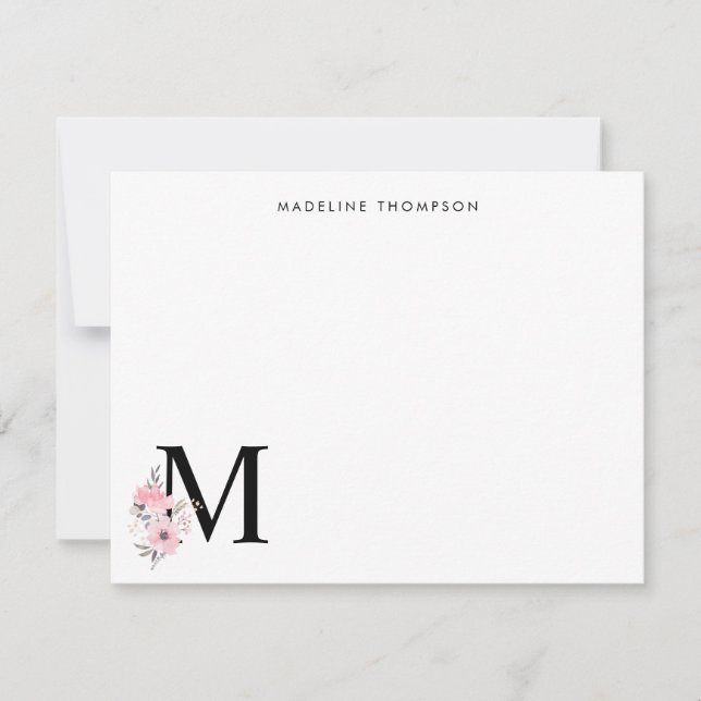 Personalize Blush Pink Floral Letter Name Monogram Note Card (Front)