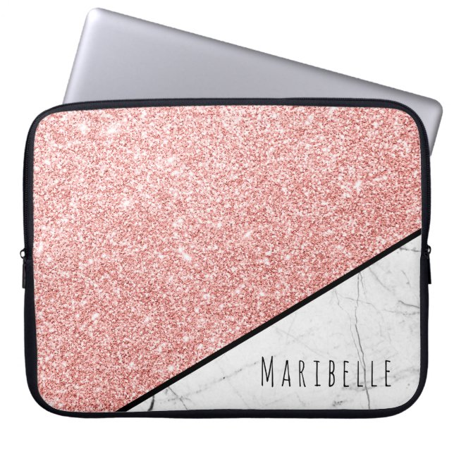 Personalize Blushed Rose Gold Faux Glitter Marble Laptop Sleeve (Front)