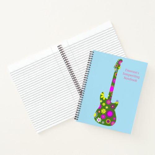 Personalize Boho Floral Retro Guitar on Light Blue Notebook