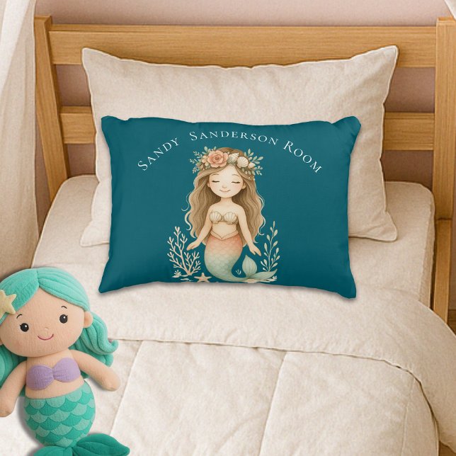 Personalize Boho Girl Mermaid Dark Teal Round  Accent Pillow (Creator Uploaded)