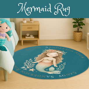 Personalize Boho Girl Mermaid Dark Teal Round Rug