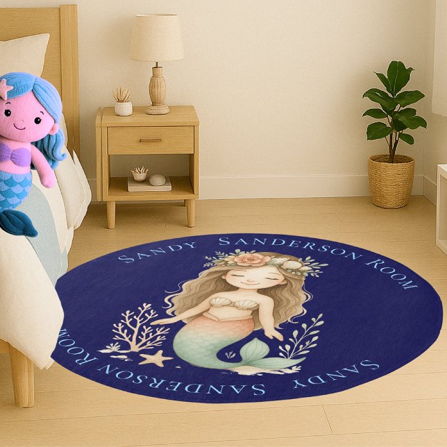  Personalize Boho Girl Mermaid Navy Blue Round  Rug (Creator Uploaded)