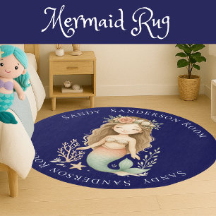 Personalize Boho Girl Mermaid Navy Blue Round Rug
