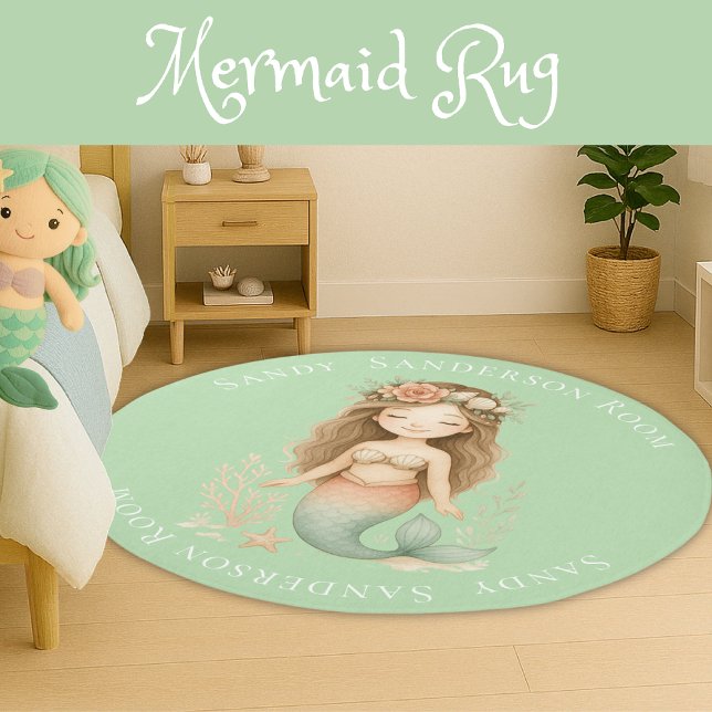  Personalize Boho Girl Mermaid Teal Green Round  Rug (Creator Uploaded)
