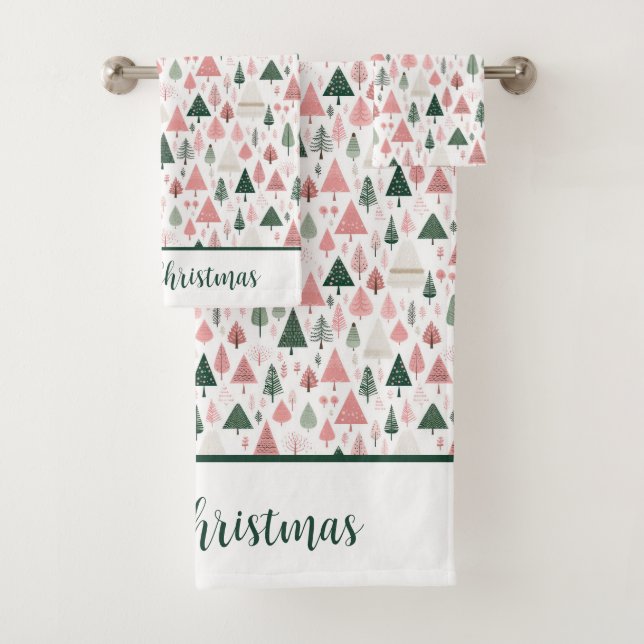 Personalize Boho Pink Green Christmas Tree Holiday Bath Towel Set (Insitu)