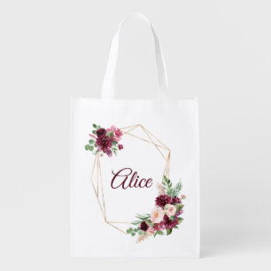 Personalize boho watercolour frame burgundy flower grocery bag