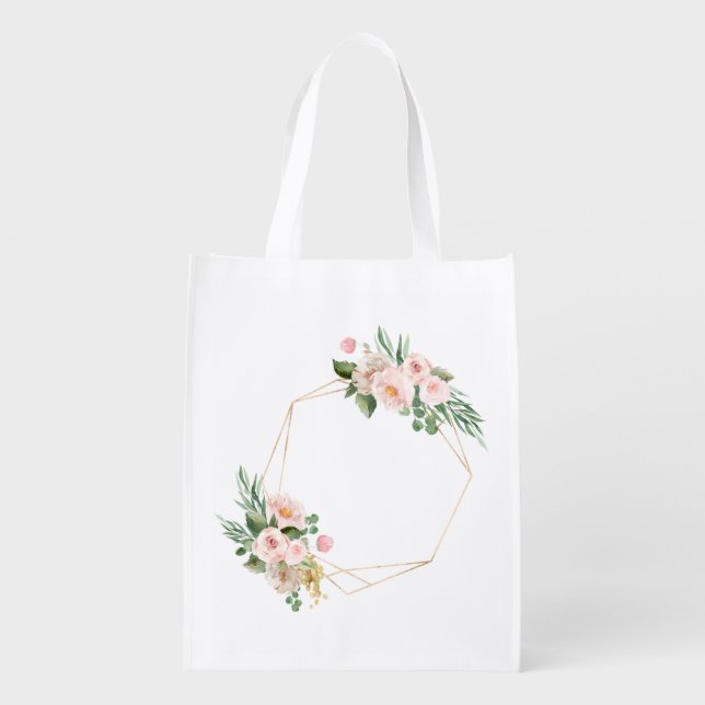 Personalize boho watercolour frame peonies flower grocery bag (Back)