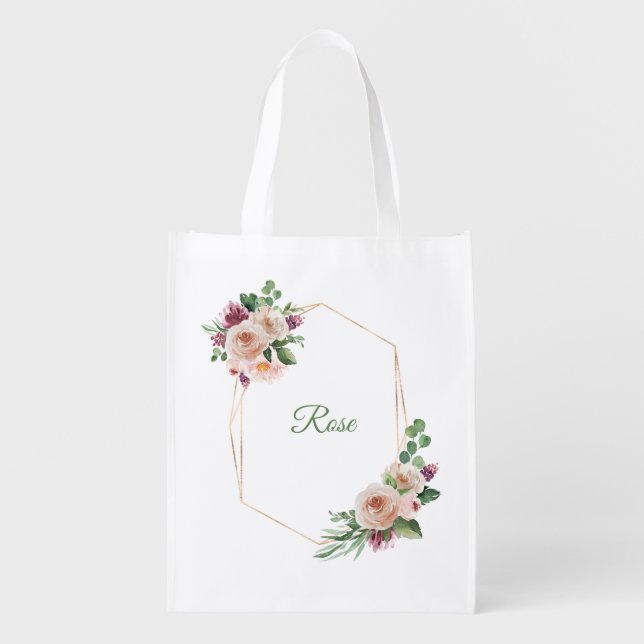 Personalize boho watercolour frame peonies flower grocery bag (Front)