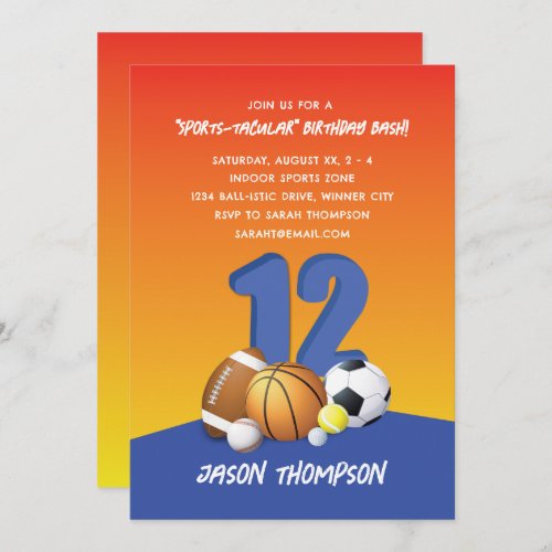 Personalize Boy 12th Birthday Fun Sports Balls  Invitation