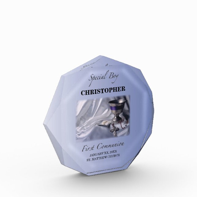 Personalize, Boy, First Communion Blue Acrylic Award (Left)