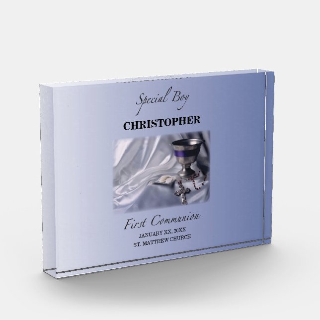 Personalize, Boy, First Communion Blue Acrylic Award (Left)