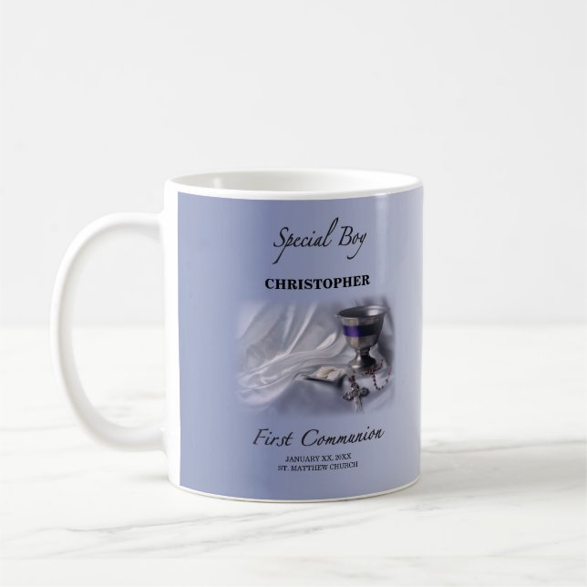 Personalize, Boy, First Communion Blue Coffee Mug (Left)