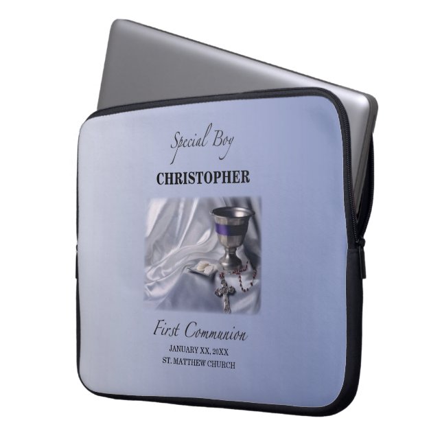 Personalize, Boy, First Communion Blue Laptop Sleeve (Front Left)