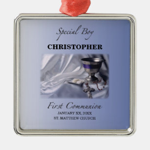 Personalize, Boy, First Communion Blue Metal Ornament