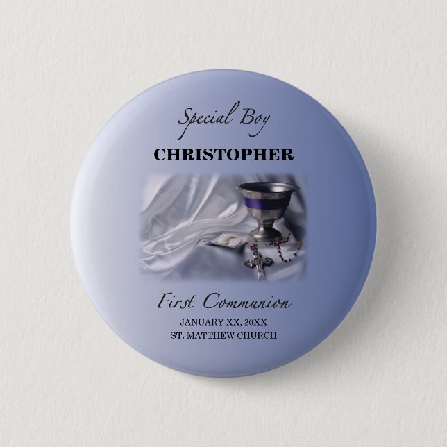 Personalize, Boy, First Communion Blue Pinback Button (Front)