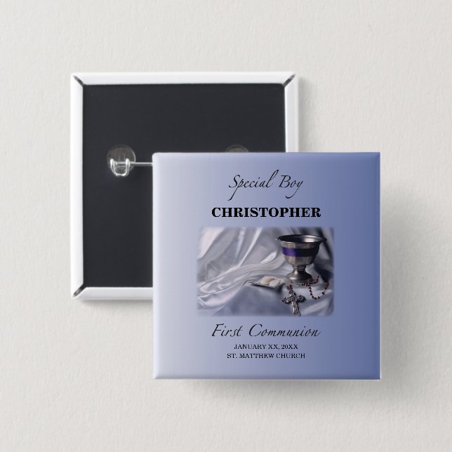 Personalize, Boy, First Communion Blue Pinback Button (Front & Back)