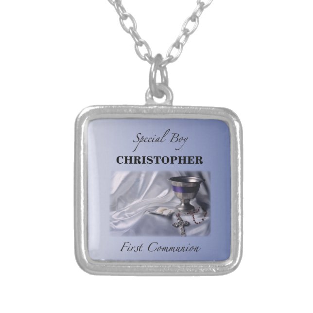 Personalize, Boy, First Communion Blue Silver Plated Necklace (Front)