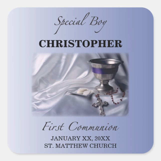 Personalize, Boy, First Communion Blue Square Sticker (Front)