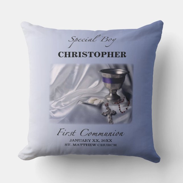Personalize, Boy, First Communion Blue Throw Pillow (Front)