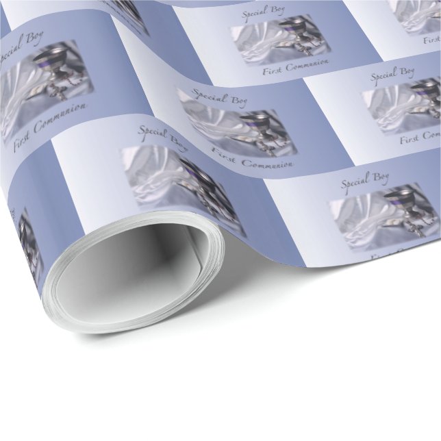 Personalize, Boy, First Communion Blue Wrapping Paper (Roll Corner)