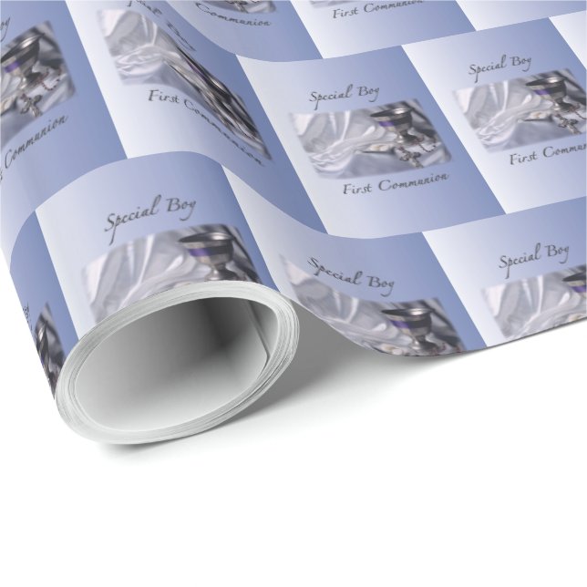 Personalize, Boy, First Communion Blue Wrapping Paper (Roll Corner)