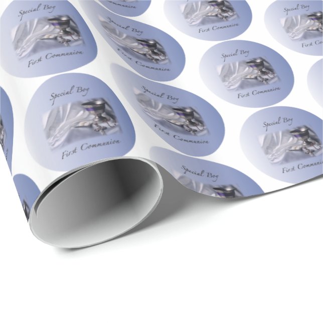 Personalize, Boy, First Communion Blue Wrapping Paper (Roll Corner)