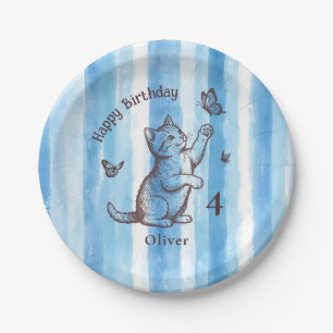 Personalize Boy Vintage Blue Kitten Birthday Paper Plates