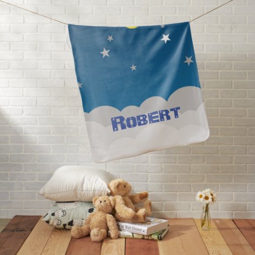 Personalize Boys Blue and White Starry Sky Moon Baby Blanket