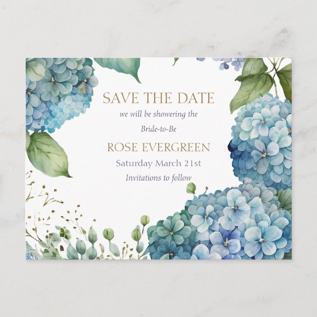 Personalize Bridal Shower Blue Hydrangea  Announcement Postcard (Front)