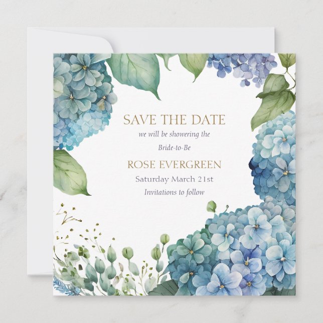 Personalize Bridal Shower Blue Hydrangea  Save The Date (Front)