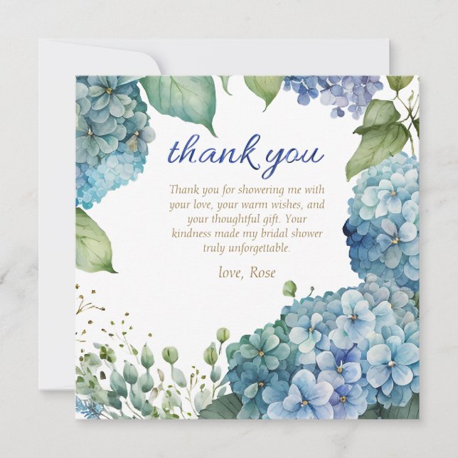 Personalize Bridal Shower Blue Hydrangea  Thank You Card (Front)