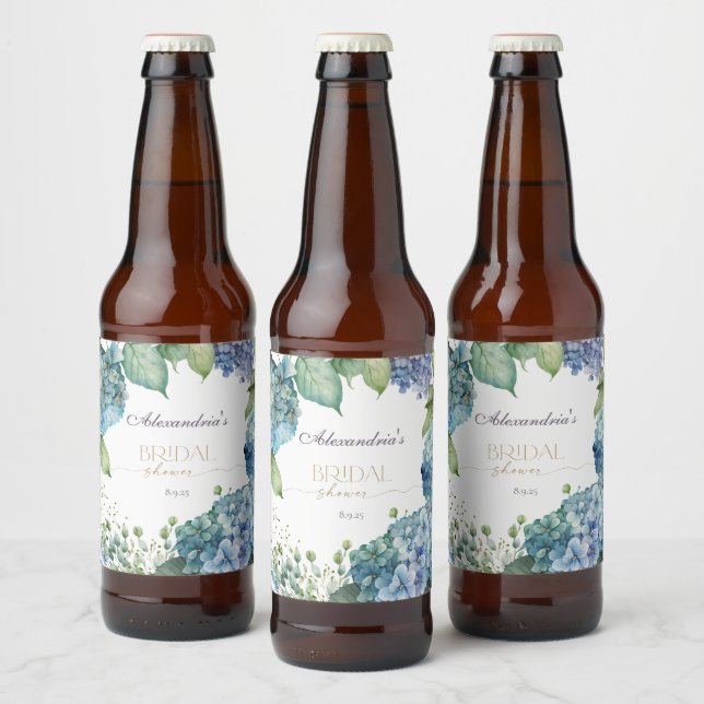 Personalize Bridal Shower Blue Hydrangeas Beer Bottle Label (Bottles)