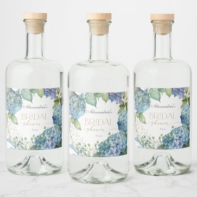 Personalize Bridal Shower Blue Hydrangeas Liquor Bottle Label (Bottles)
