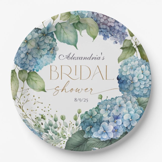 Personalize Bridal Shower Blue Hydrangeas Paper Plates (Front)