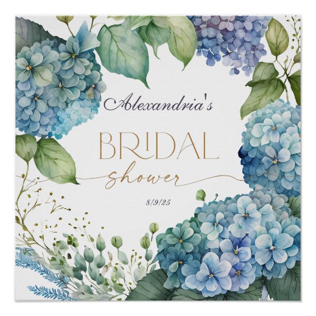 Personalize Bridal Shower Blue Hydrangeas Poster (Front)
