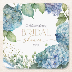 Personalize Bridal Shower Blue Hydrangeas Square Paper Coaster