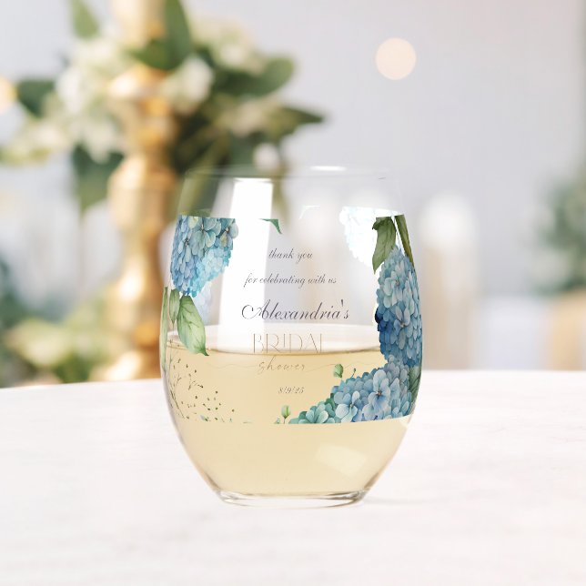 Personalize Bridal Shower Blue Hydrangeas Stemless Wine Glass (Insitu (Wedding))