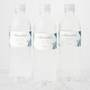 Personalize Bridal Shower Blue Hydrangeas Water Bottle Label