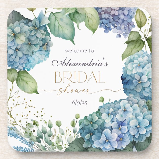 Personalize Bridal Shower Blue Hydrangeas Welcome Beverage Coaster (Front)