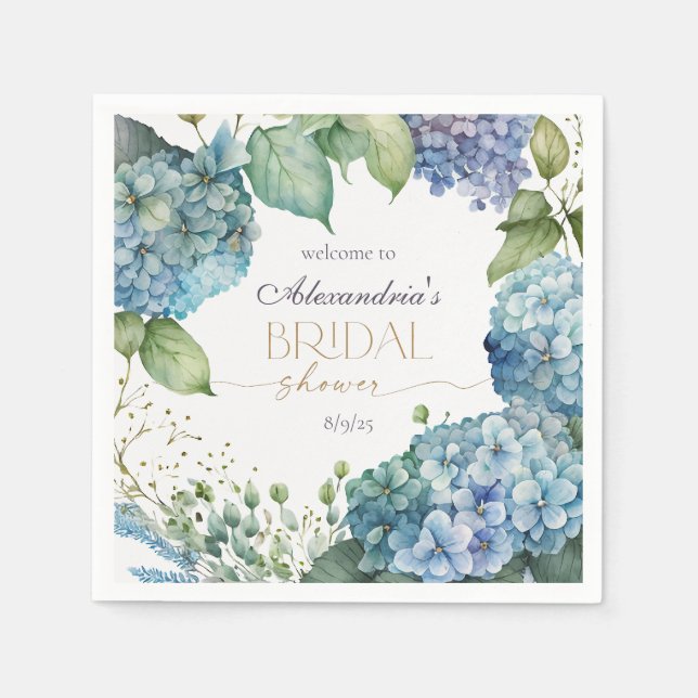Personalize Bridal Shower Blue Hydrangeas Welcome Napkins (Front)