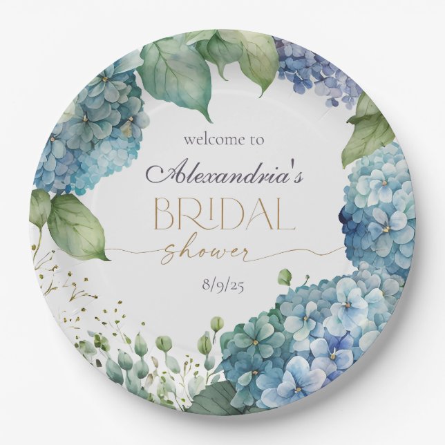 Personalize Bridal Shower Blue Hydrangeas Welcome Paper Plates (Front)