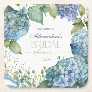 Personalize Bridal Shower Blue Hydrangeas Welcome Square Paper Coaster