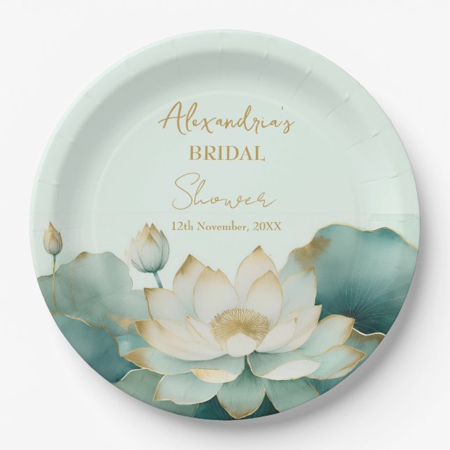 Personalize Bridal Shower Lotus gold Paper Plates (Front)