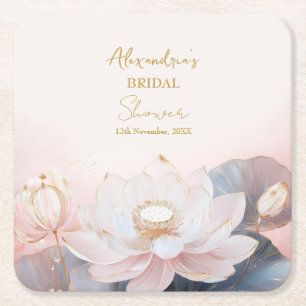 Personalize Bridal Shower Pink Lotus No 9 Square Paper Coaster
