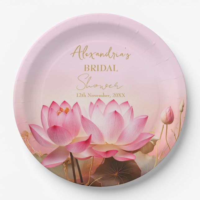 Personalize Bridal Shower Pink Lotus  Paper Plates (Front)