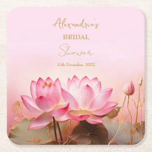 Personalize Bridal Shower Pink Lotus Square Paper Coaster