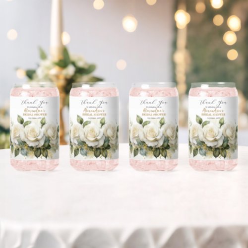 Personalize Bridal Shower White Roses Can Glass