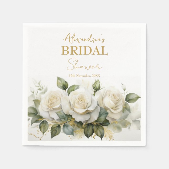 Personalize Bridal Shower White Roses Napkins (Front)